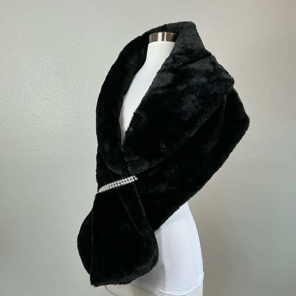 Adrianna Papell Black Faux Fur Shoulder Wrap Stole with Pearl Accent One Size - Picture 5 of 10
